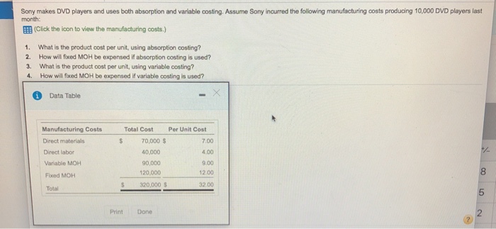  Sony makes DVD players and uses both absorption and variable costing.