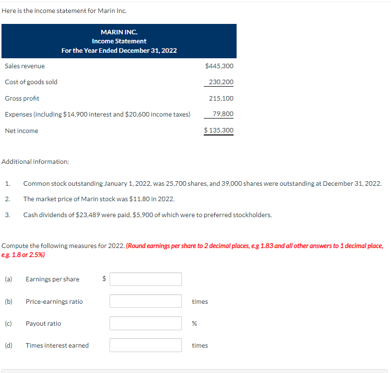  Here is the income statement for Marin Inc. Additional information: 1.