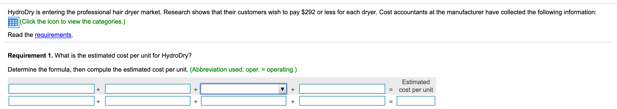 Help with requirements 1,2,3 please? Dropdown options added as well for assistance.
