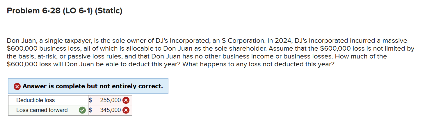  Problem 6-28(LO 6-1)(Static) Don Juan, a single taxpayer, is the sole