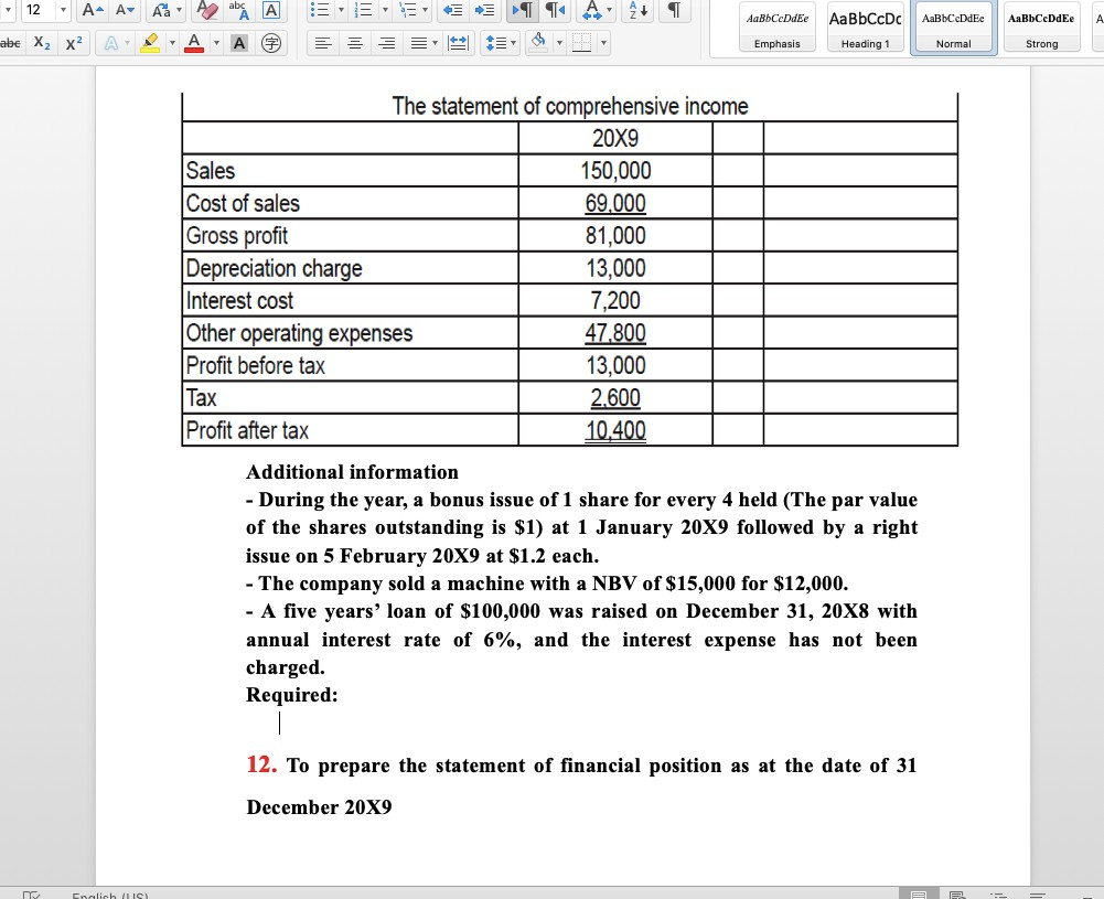 Emphasis Normal Strong The following statement of financial position and statement of