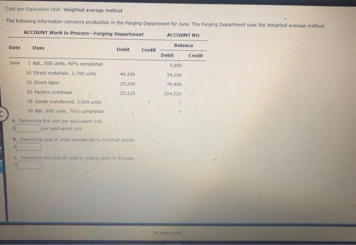  Cost per Equivalent Unit: Weighted average method The following information concerns