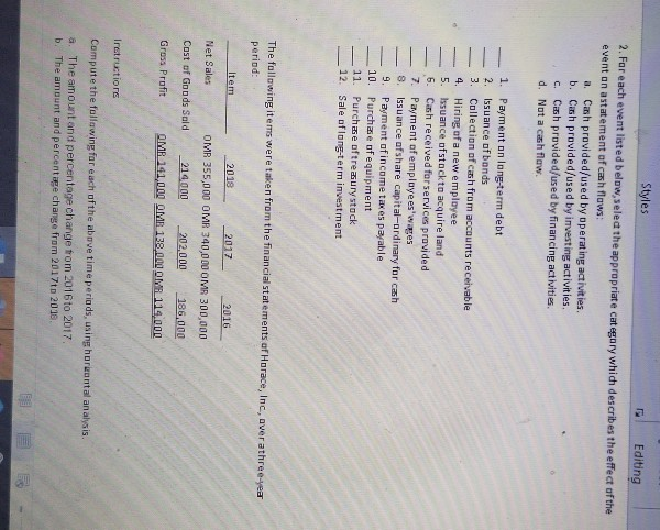 Styles Editing 2. For each event listed below, select the appropriate