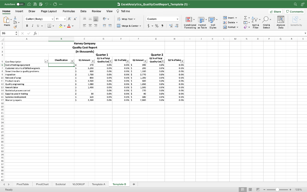 the work sheet. AutoSave IF A ExcelAnalytics_QualityCostReport_Template (1) View Tell me Home