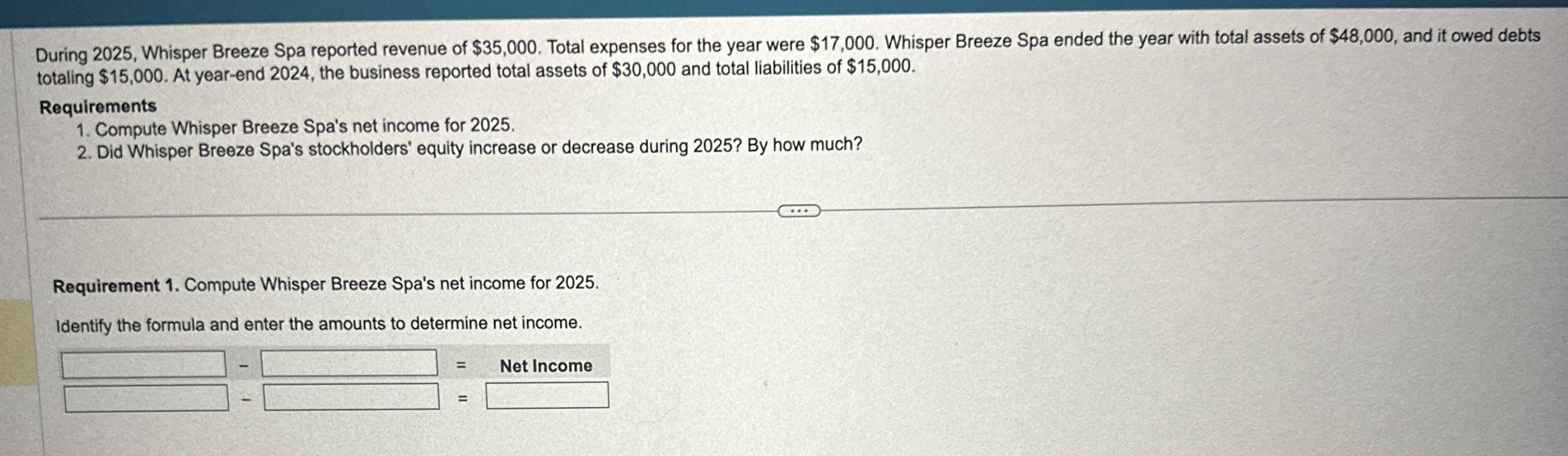  During 2025, Whisper Breeze Spa reported revenue of $35,000. Total expenses