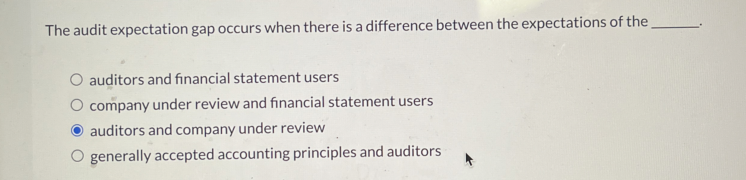  The audit expectation gap occurs when there is a difference between