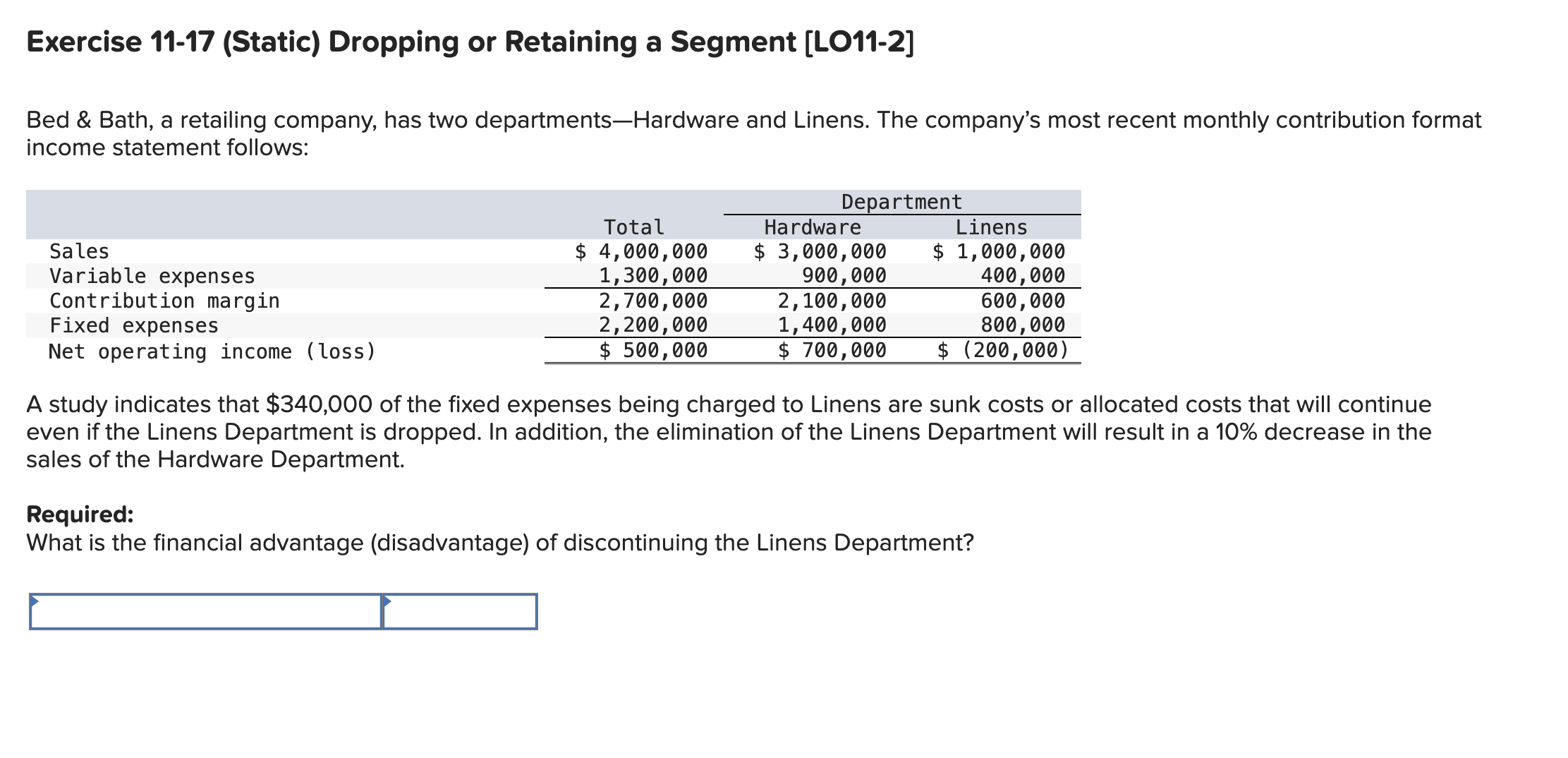  Exercise 11-17(Static) Dropping or Retaining a Segment [LO11-2] Bed & Bath,