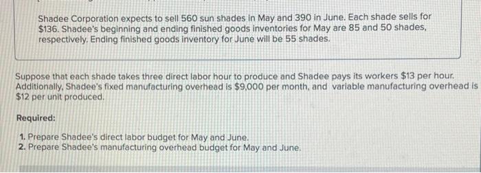 all under same question Shadee Corporation expects to sell 560 sun shades