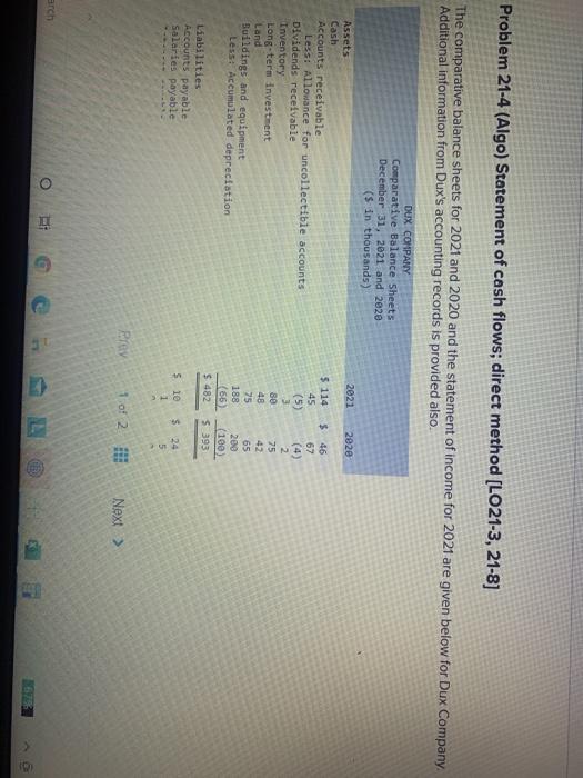  Problem 21-4 (Algo) Statement of cash flows; direct method [LO21-3, 21-8]