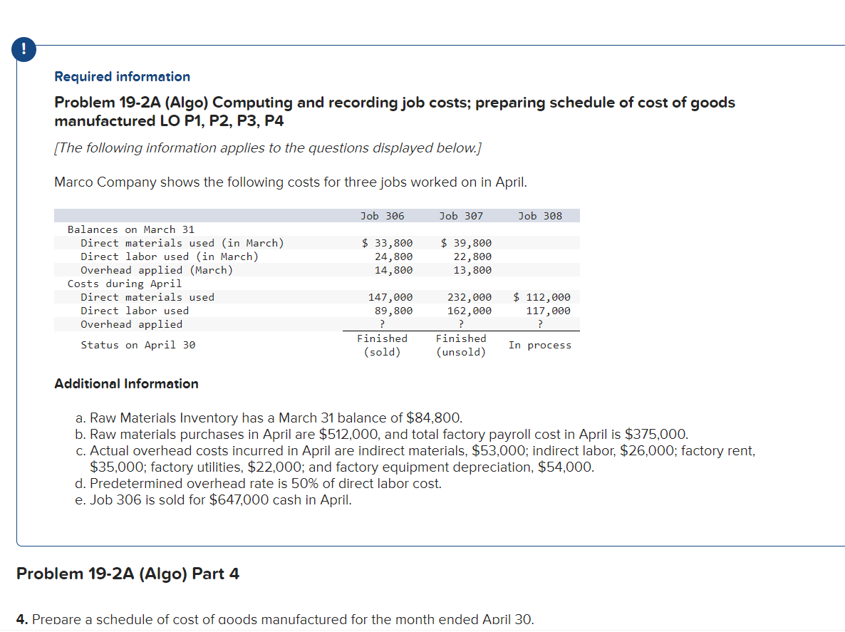  Required information Problem 19-2A (Algo) Computing and recording job costs; preparing