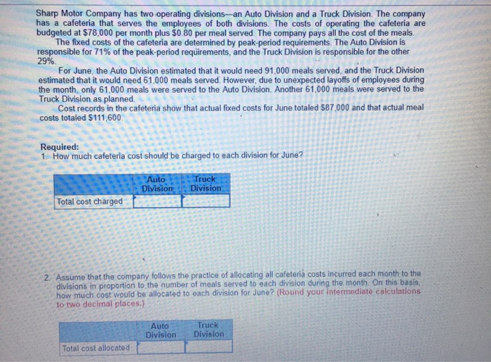  Sharp Motor Company has two operating divisions-an Auto Division and a