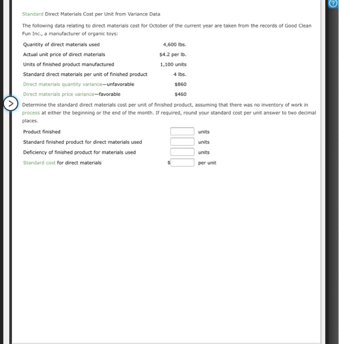  4 lbs. Standard Direct Materials Cost per Unit from Variance Data