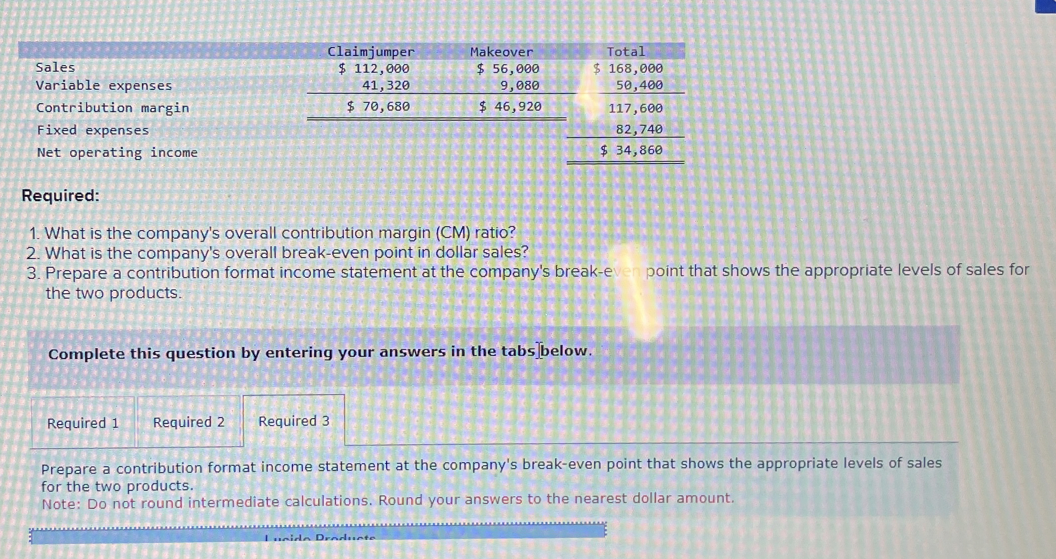  \table[[,Claimjumper,Makeover,Total],[Sales,$112,000,$56,000,$ 168,000],[Variable expenses,41,320,9,080,50,400],[Contribution margin,$70,680,$46,920,117,600],[Fixed expenses,,,82,740],[Net operating income,,,$34,860 