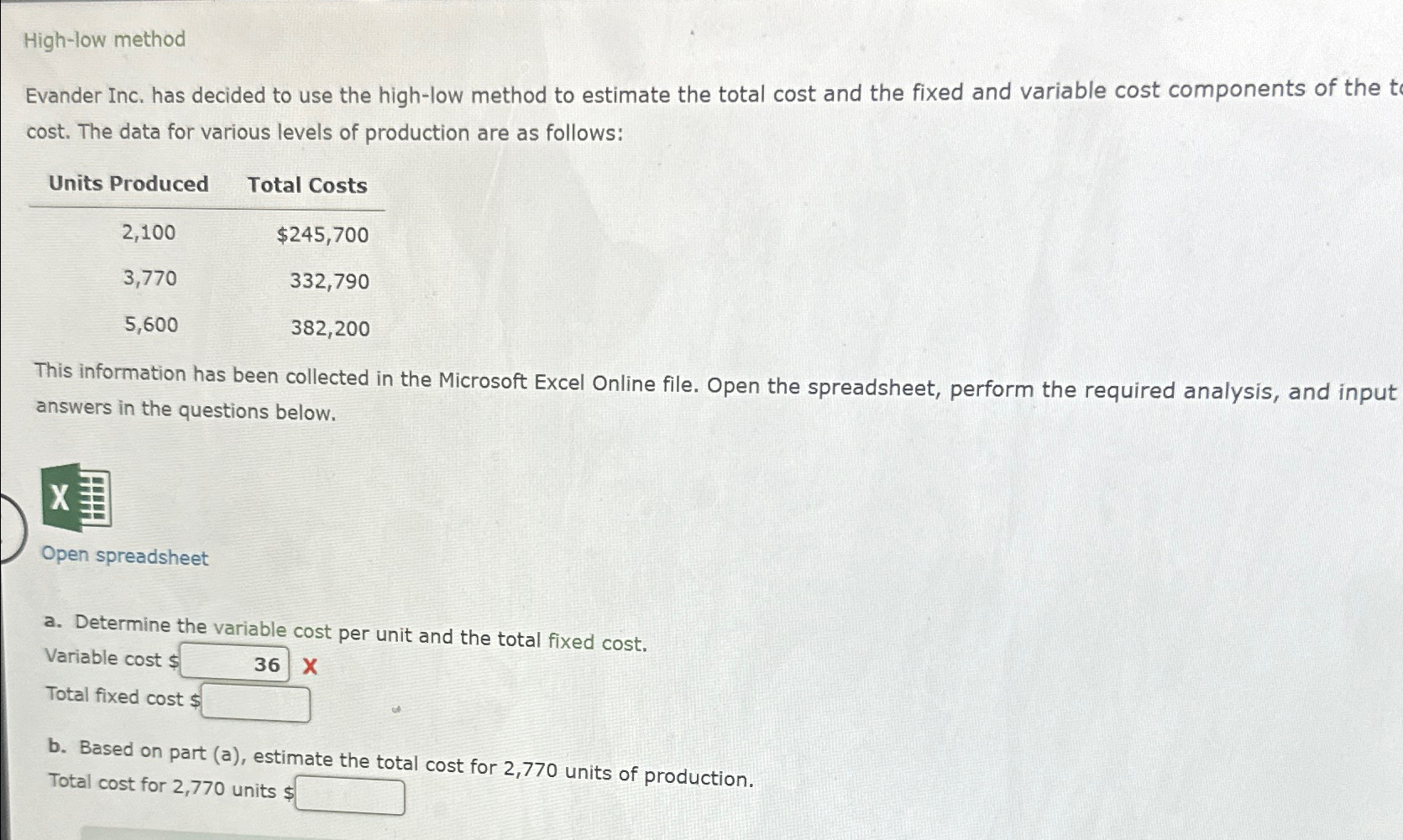  High-low method Evander Inc. has decided to use the high-low method