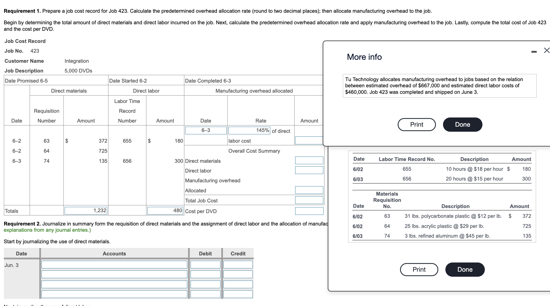  HELP! Requirement 1. Prepare a job cost record for Job 423.