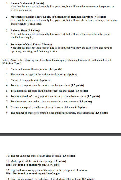  Income Statement (7 Points): Note that this may not look exactly