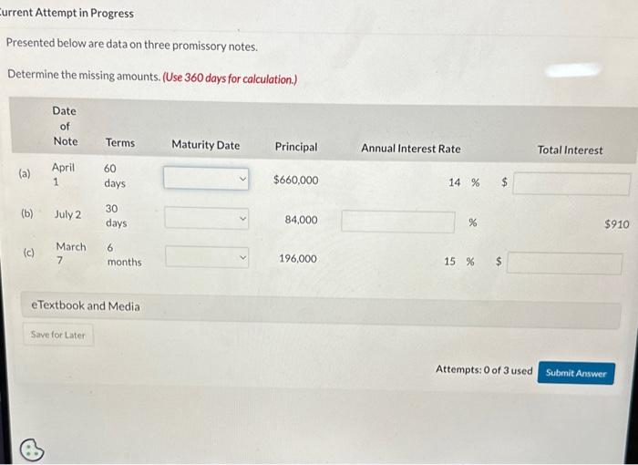  urrent Attempt in Progress Presented below are data on three promissory