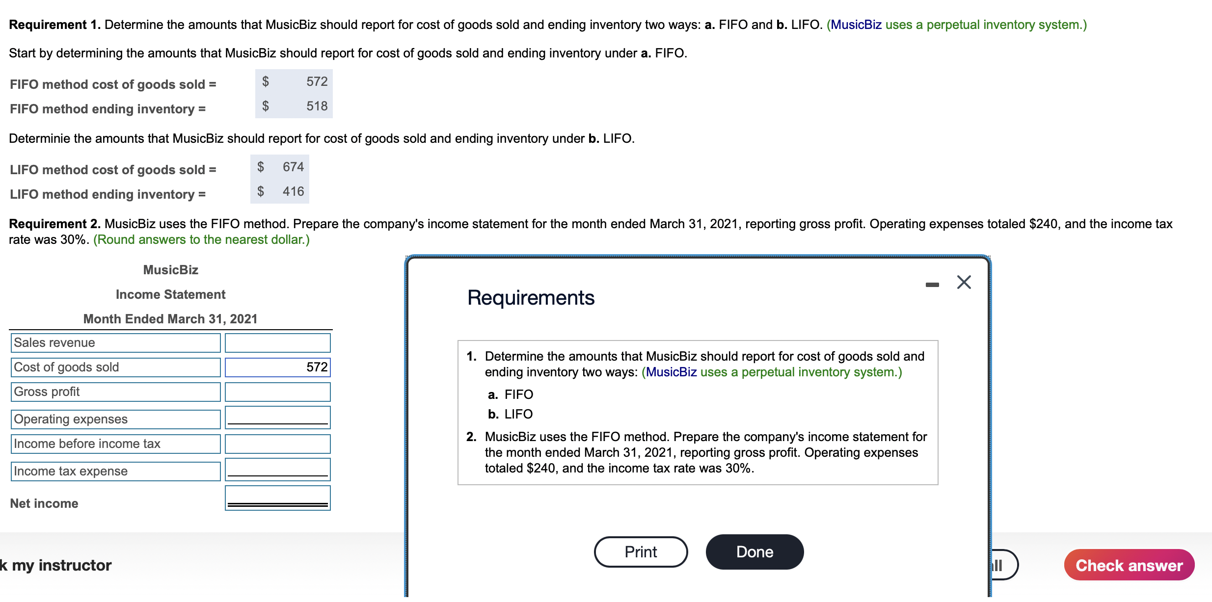  Data table \table[[Date,Item,Quantity,Unit Cost,Sale Price,],[Mar 1,Balance,13,$,52,],[Mar 2,Purchase,6,69,,],[Mar 7,Sale,6,,$,107],[Mar 13,Sale,5,,105,]] Start by