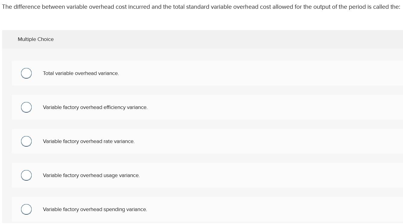  The difference between variable overhead cost incurred and the total standard