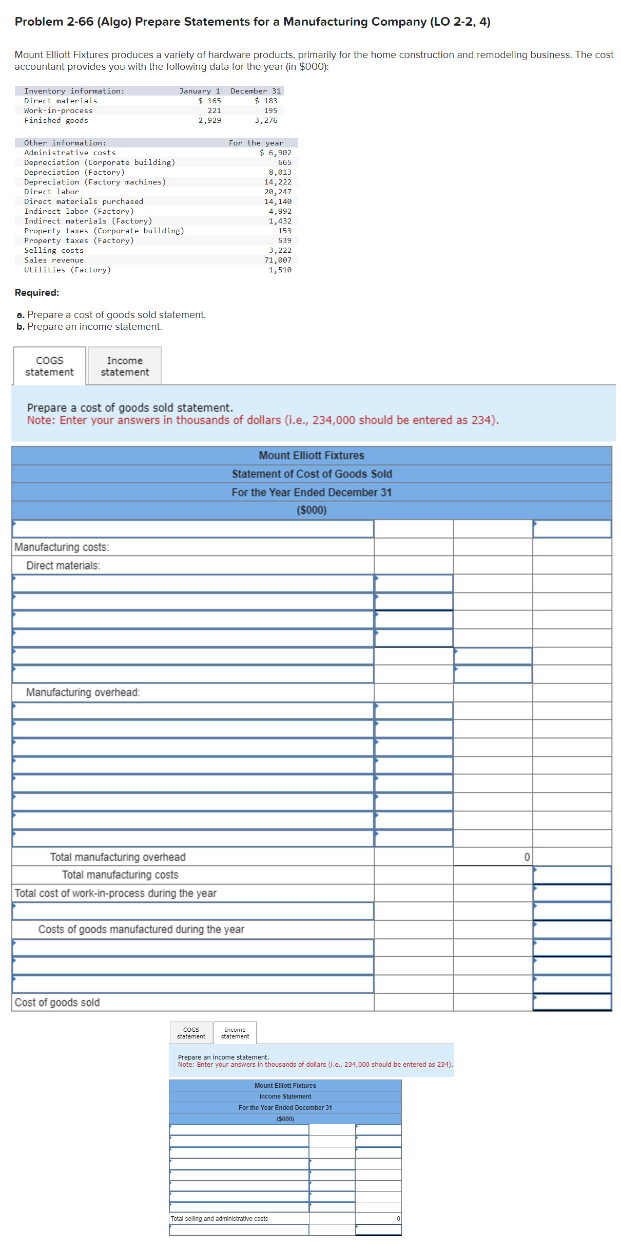  Problem 2-66(Algo) Prepare Statements for a Manufacturing Company (LO 2-2,4) Mount