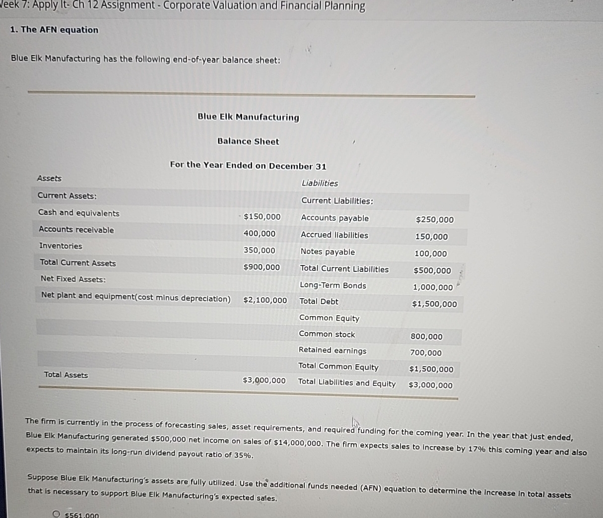  Veek 7: Apply It- Ch 12 Assignment - Corporate Valuation and
