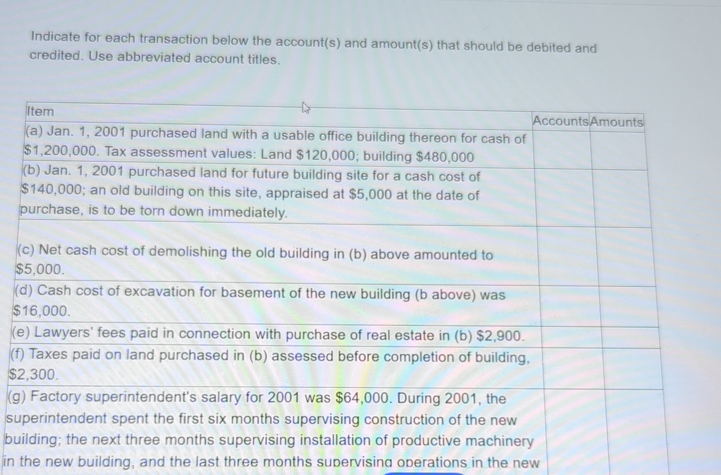  Indicate for each transaction below the account(s) and amount(s) that should