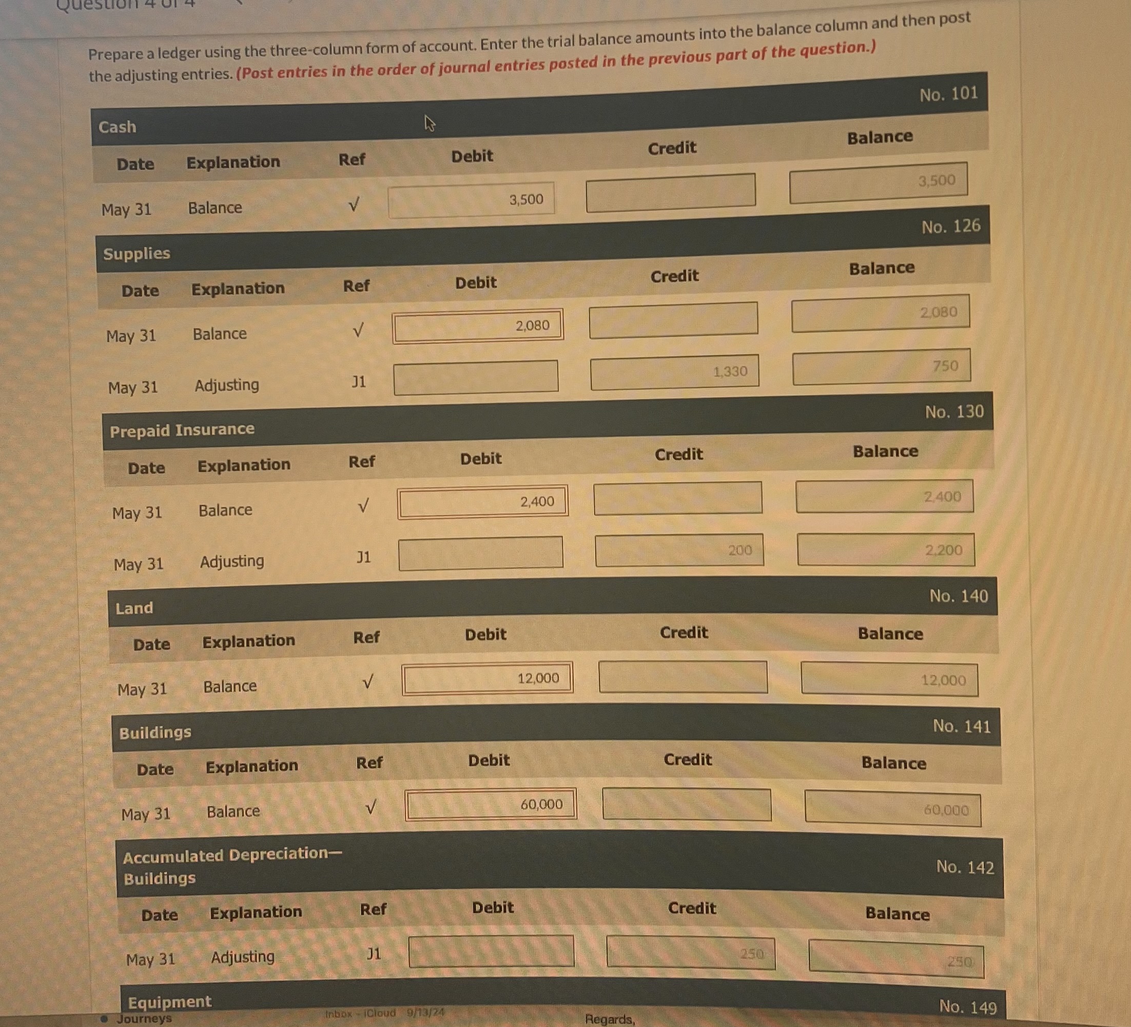  give me an example Prepare a ledger using the three-column form