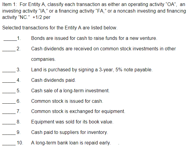  Item 1: For Entity A, classify each transaction as either an