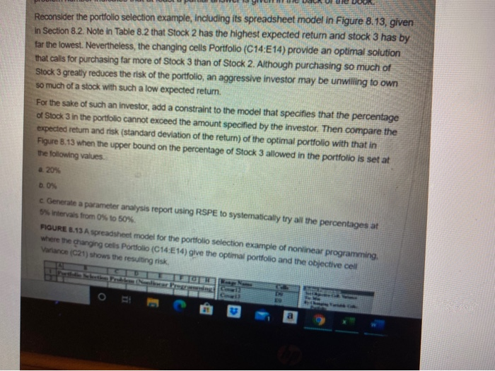  Reconsider the portfolio selection example, including its spreadsheet model in Figure