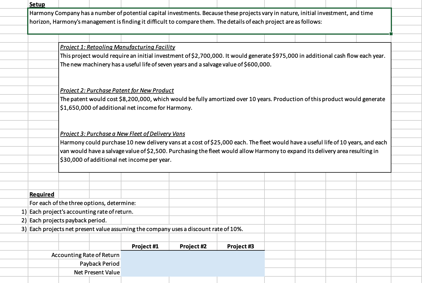  Setup Present Value Template for Excel Insert amounts in columns C->
