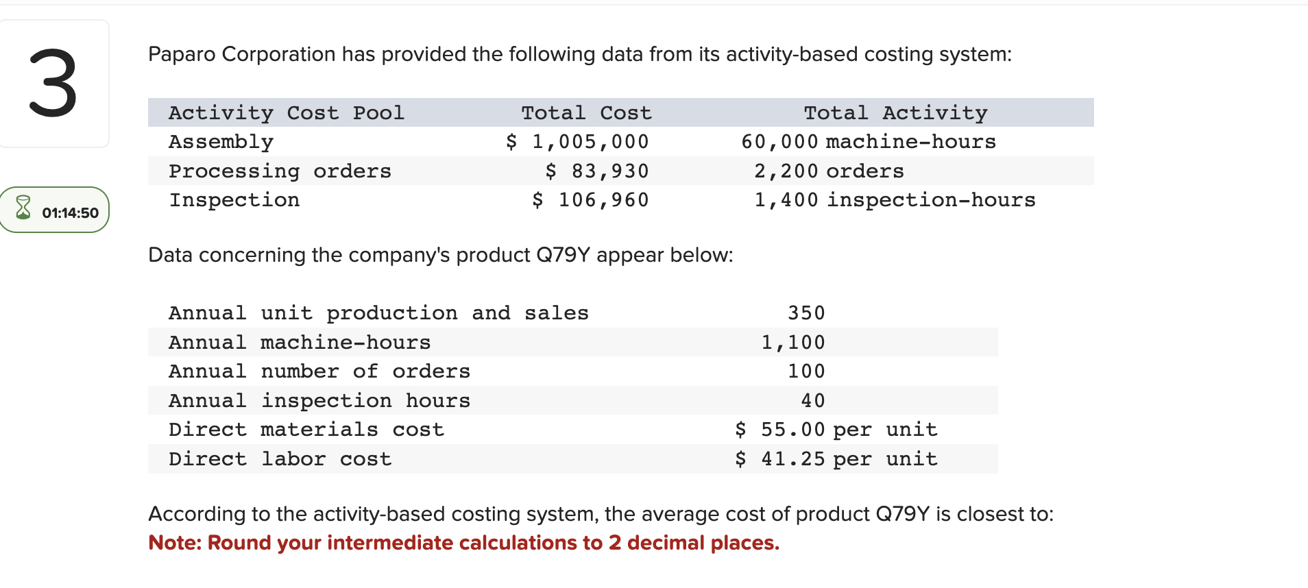  Paparo Corporation has provided the following data from its activity-based costing