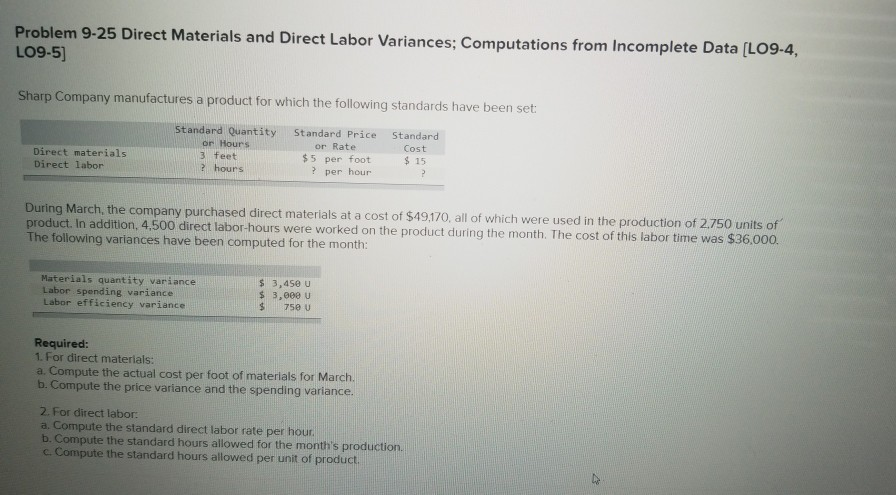 Stuck. Problem 9-25 Direct Materials and Direct Labor Variances; Computations from Incomplete