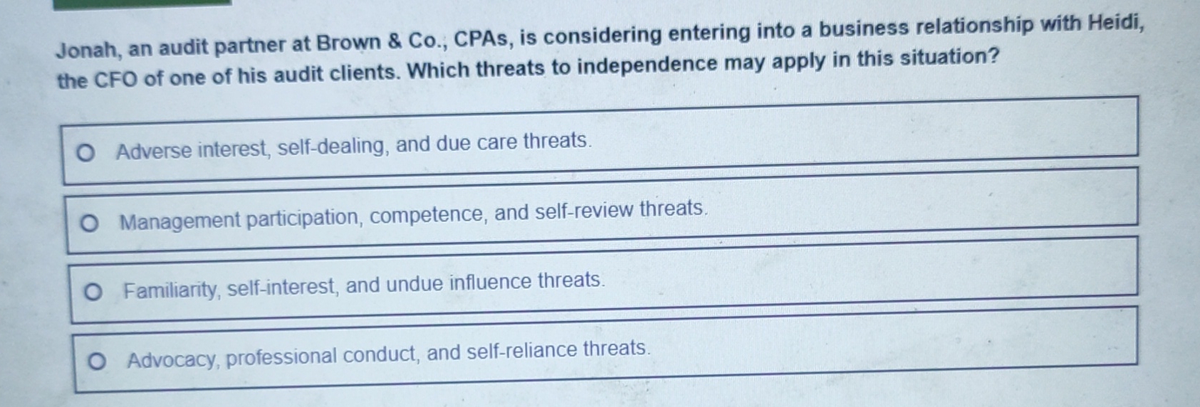  Jonah, an audit partner at Brown & Co., CPAs, is considering
