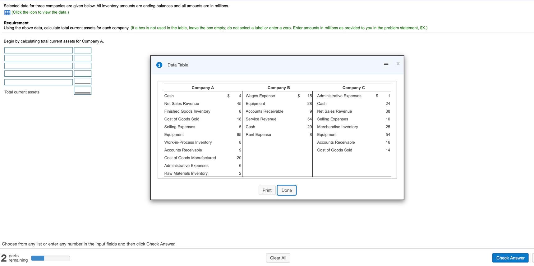  Selected data for three companies are given below. All inventory amounts