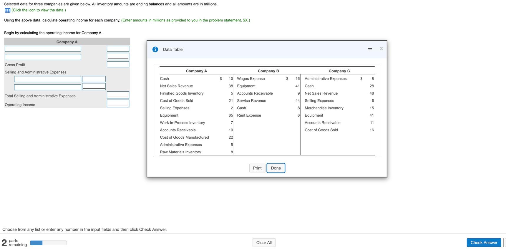 are ending balances and all amounts are in millions. E (Click the
