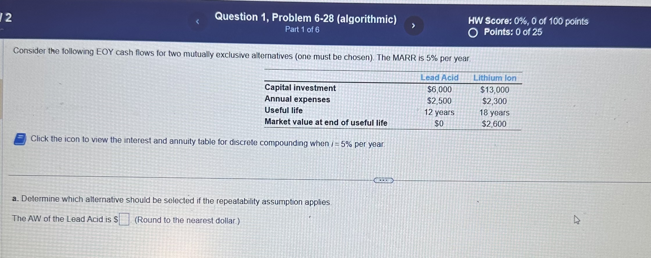  Consider the following EOY cash flows for two mutually exclusive alternatives