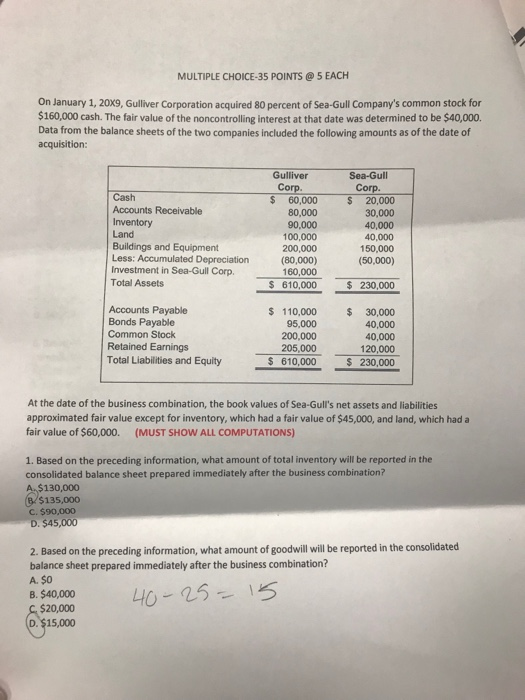  Please show calculations MULTIPLE CHOICE-35 POINTS@ 5 EACH On January 1,