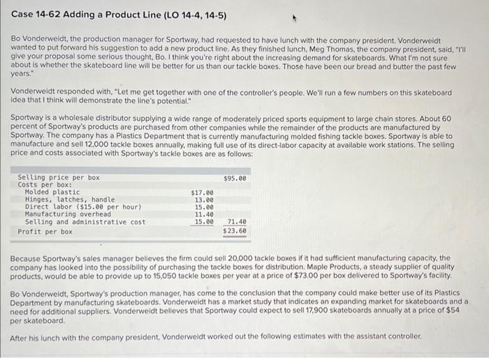  Case 14-62 Adding a Product Line (LO 14-4, 14-5) Bo Vonderweldt,
