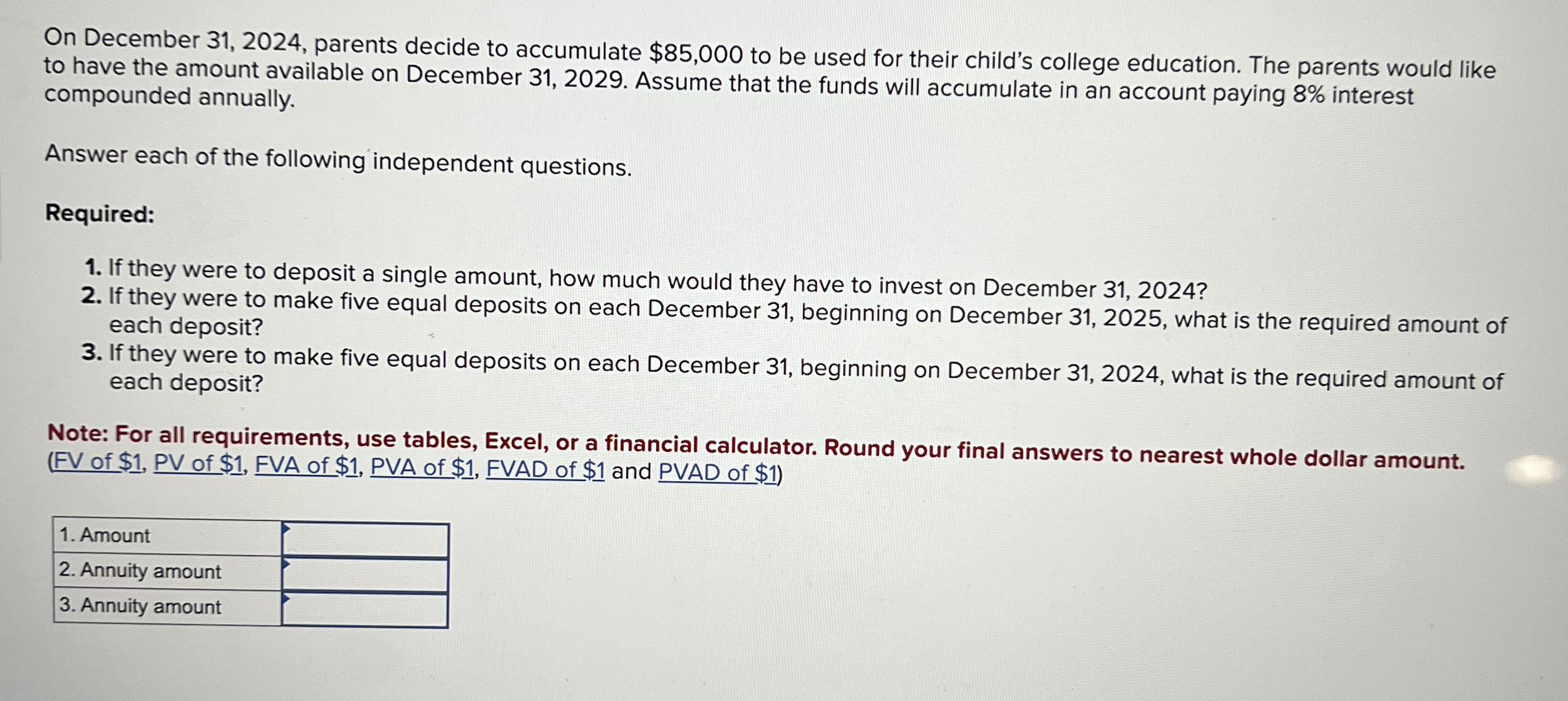  On December 31,2024, parents decide to accumulate $85,000 to be used