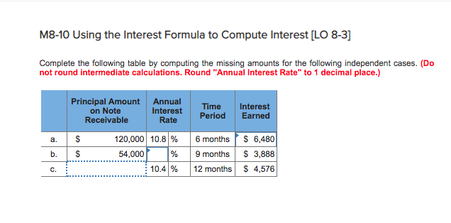  M8-10 Using the Interest Formula to Compute Interest [LO 8-3] Complete