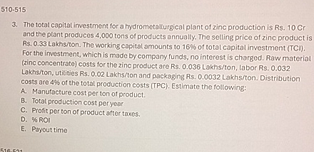  510-515 3. The total capital investment for a hydrometallurgical plant of