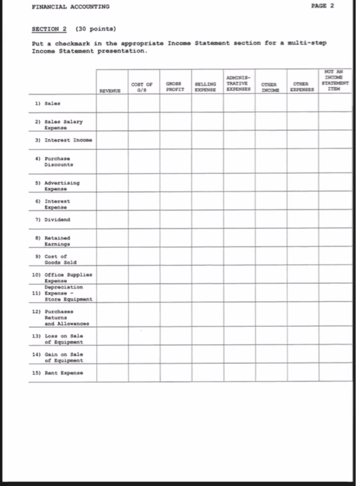  PINANCIAL ACCOUNTING PAGE 2 SECTION 2 (30 points) Put a checkmark