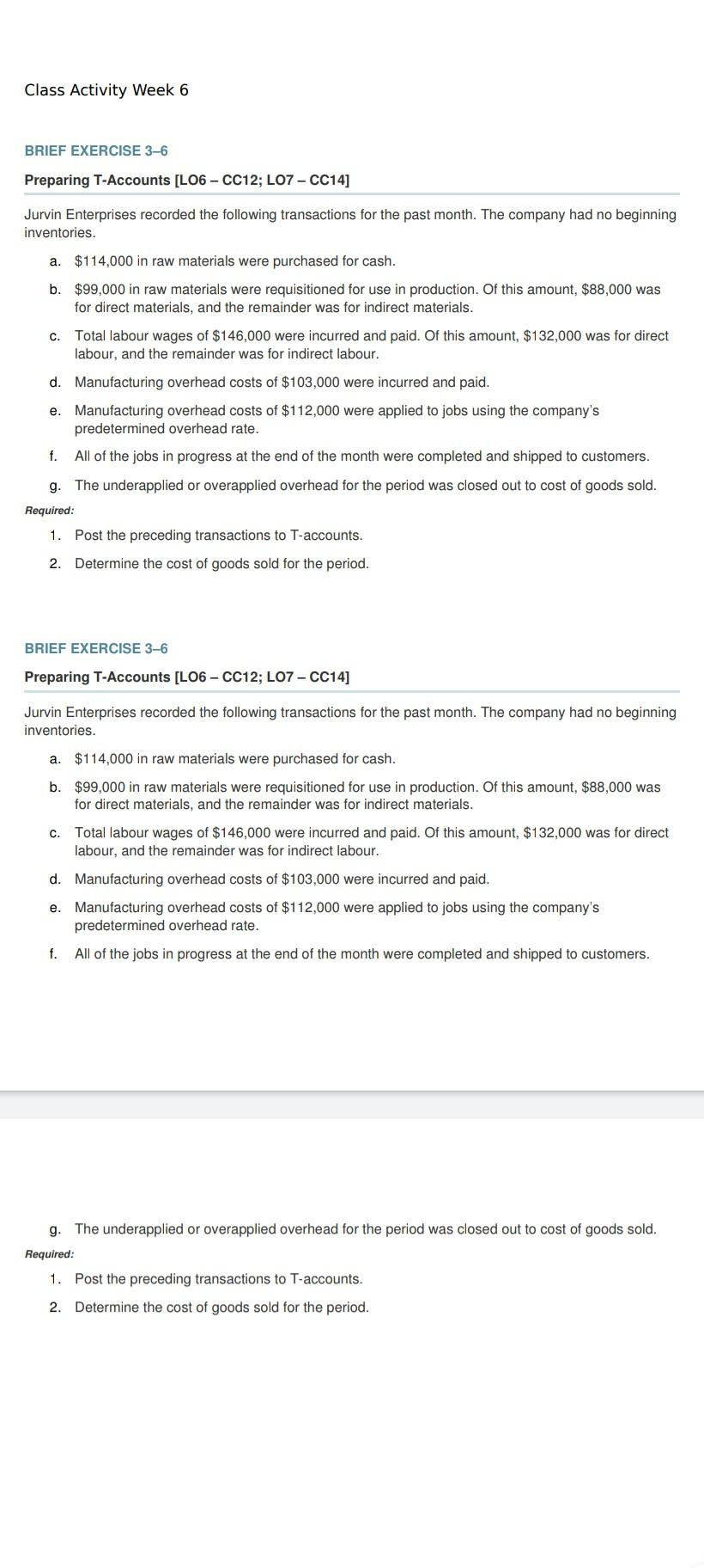 Class Activity Week 6 BRIEF EXERCISE 3-6 Preparing T-Accounts [LO6 -