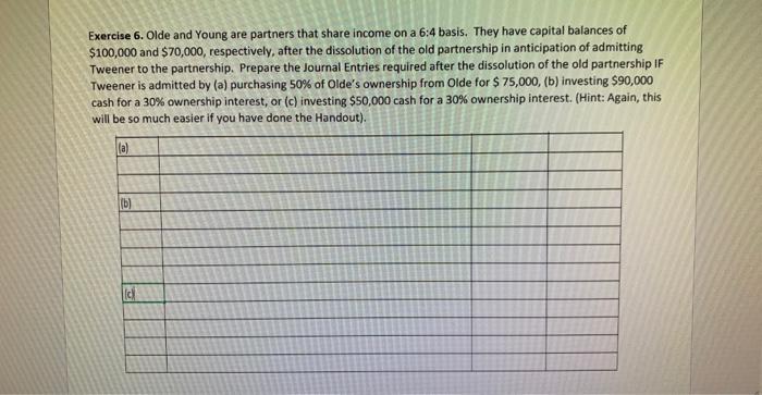 please help Exercise 6. Olde and Young are partners that share income