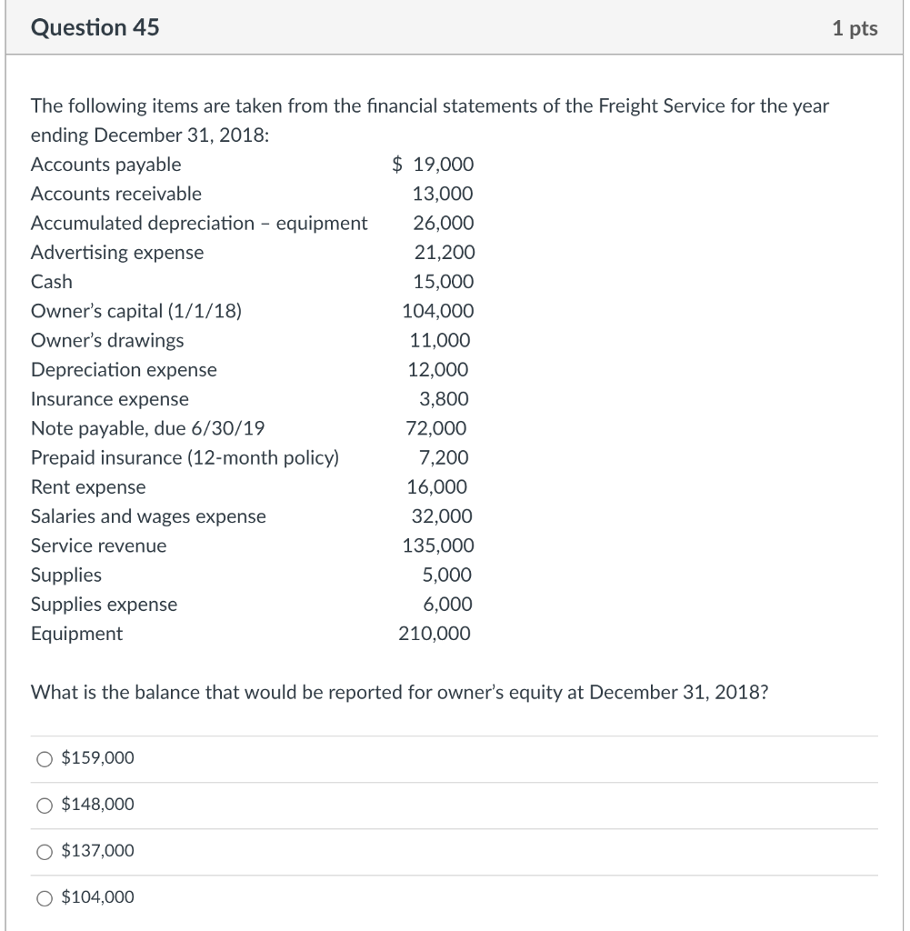 Please help me with this accounting problem Question 45 1 pts The