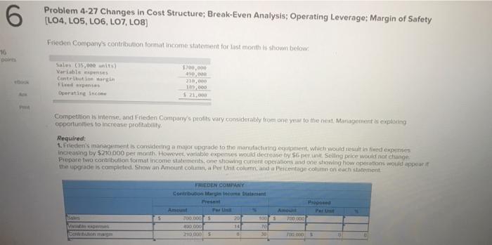  6 Problem 4-27 Changes in Cost Structure; Break-Even Analysis: Operating Leverage;
