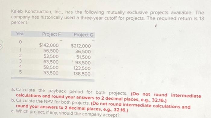 Kaleb Konstruction, Inc., has the following mutually exclusive projects available. The