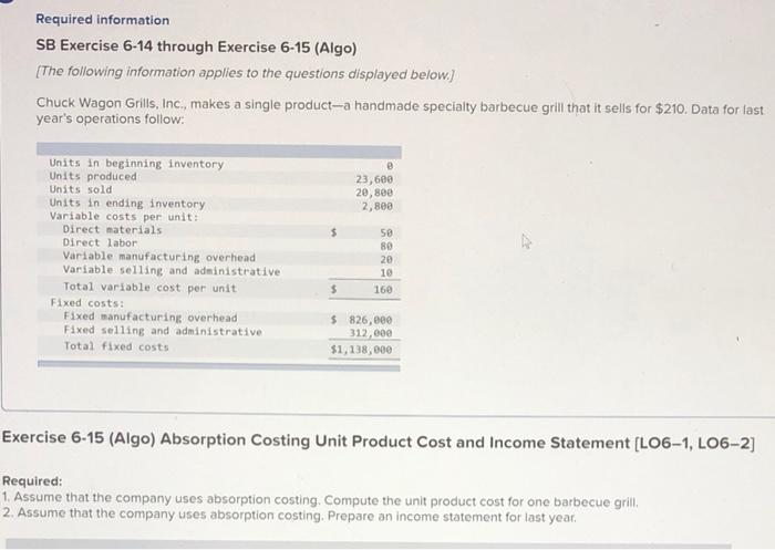  Required information SB Exercise 6-14 through Exercise 6-15 (Algo) [The following