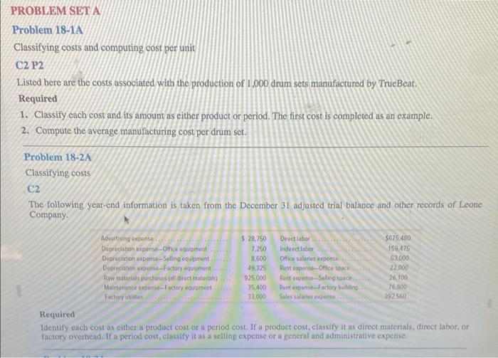  compute the aberage manufacturing cost per drum set PROBLEM SET A