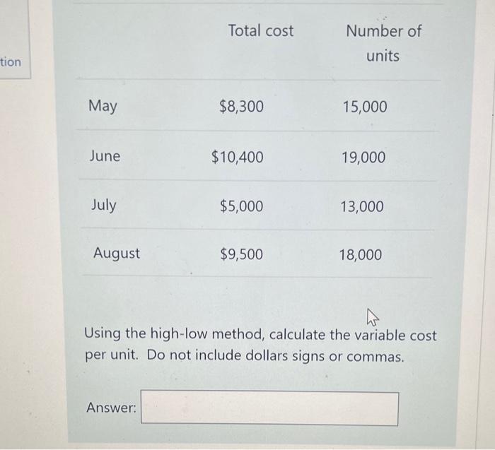  Using the high-low method, calculate the variable cost per unit. Do